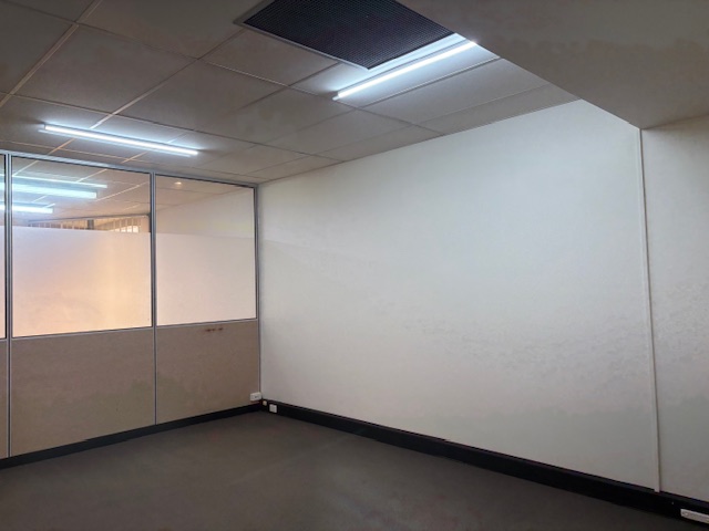 Empty office space with glass walls and lighting.